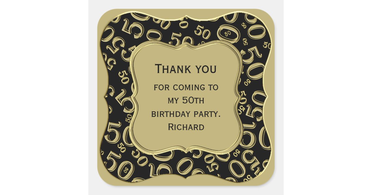 thank-you-50th-birthday-black-and-gold-party-square-sticker-zazzle
