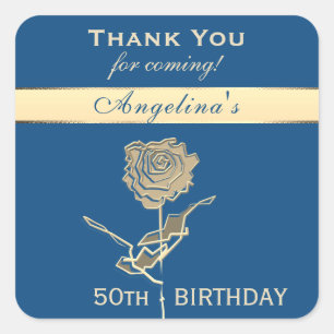 Thank You 50th Birthday Elegant Classic Blue Gold Square Sticker