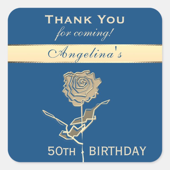 Thank You 50th Birthday Elegant Classic Blue Gold Square Sticker (Front)