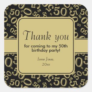 Thank You 50th Birthday Number Pattern Gold/Black Square Sticker