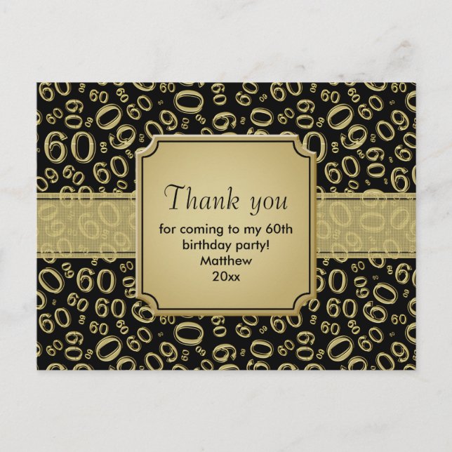 Thank You 60th Birthday Number Pattern Gold/Black Postcard (Front)