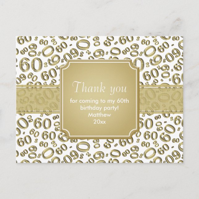 Thank You 60th Birthday Number Pattern Gold/White Postcard (Front)