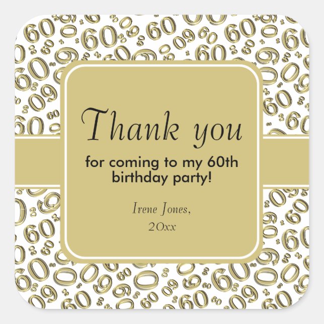 Thank You 60th Birthday Number Pattern Gold/White Square Sticker (Front)