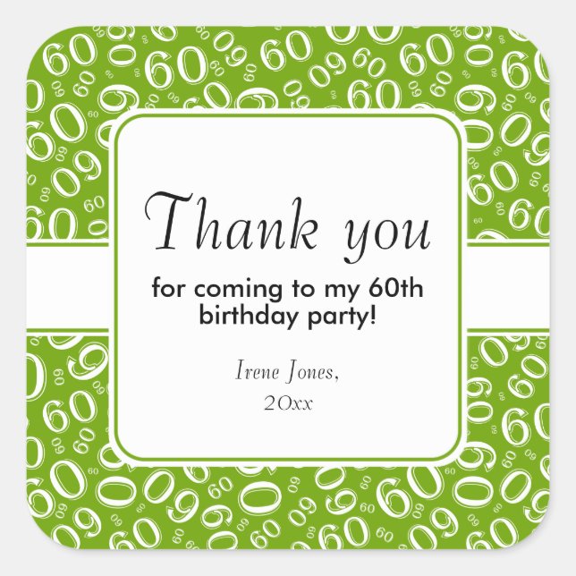 Thank You 60th Birthday Number Pattern Green/White Square Sticker (Front)