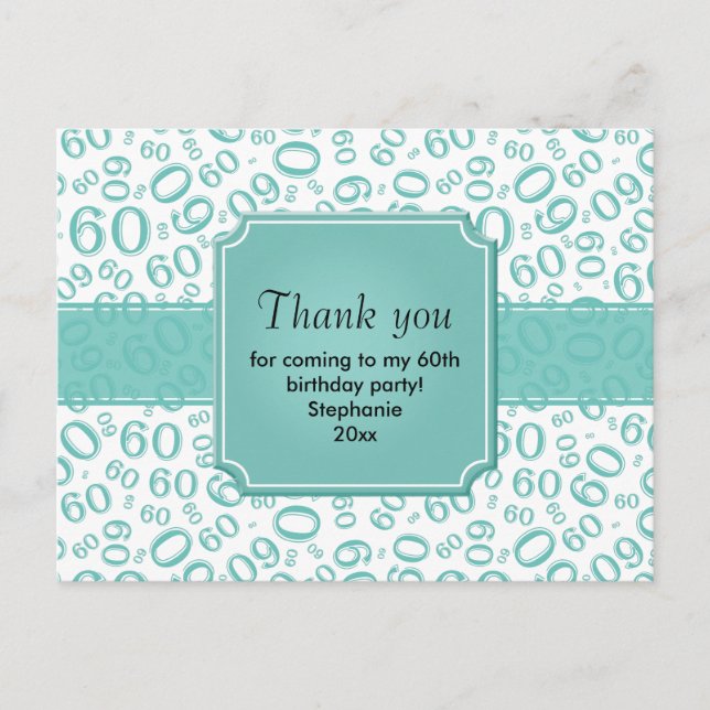 Thank You: 60th Birthday Number Pattern Teal/White Postcard (Front)