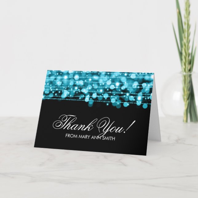 "Thank you" 60th Birthday Party Sparkles Turquoise Thank You Card (Front)