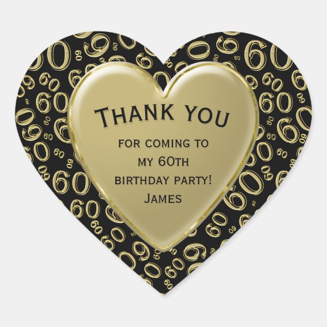 Thank you - 60th Number Pattern Gold and Black Heart Sticker (Front)
