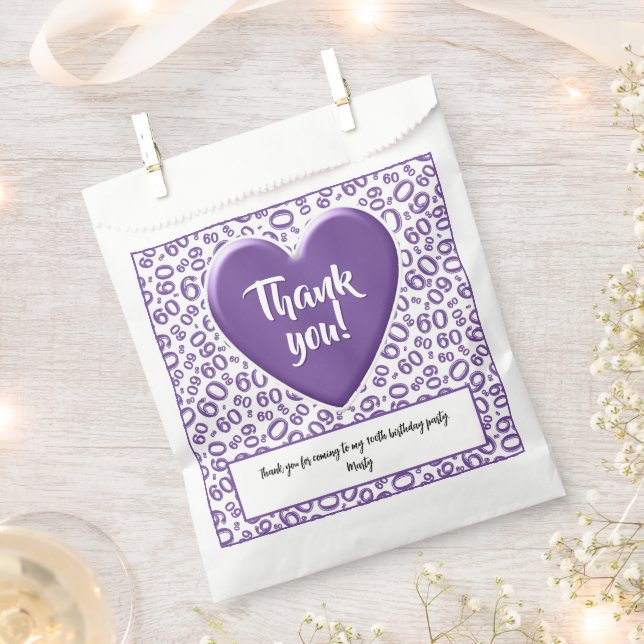 Thank You 60th Random Number Pattern Purple/White Favour Bags (Clipped)