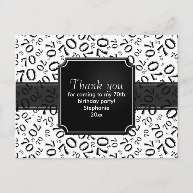 Thank You 70th Birthday Number Pattern Black/White Postcard (Front)