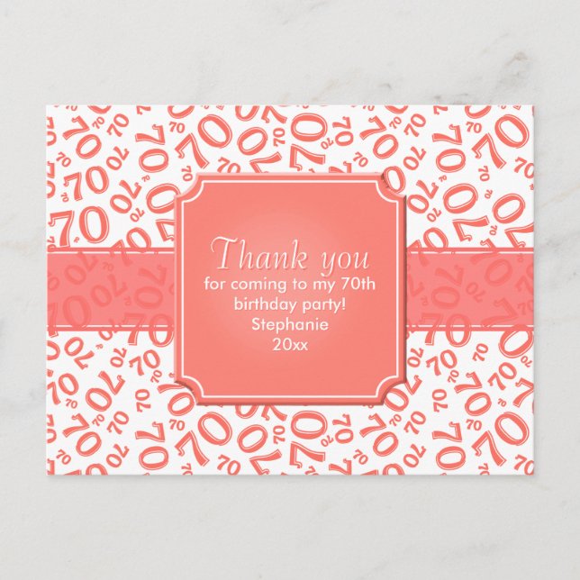 Thank You 70th Birthday Number Pattern Coral/White Postcard (Front)