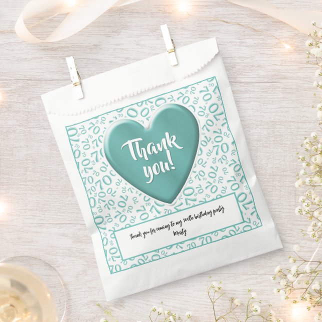 Thank You 70th Random Number Pattern Teal/White Favour Bags (Clipped)