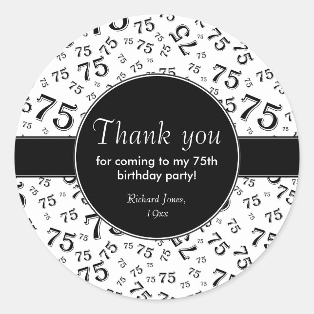 Thank You: 75th Black & White Number Pattern Classic Round Sticker (Front)