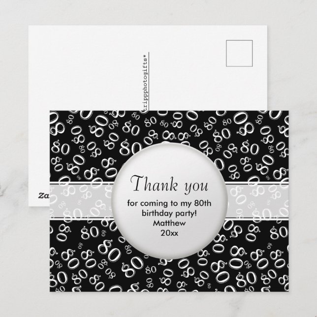 Thank You: 80 Black/White Birthday Number Pattern Postcard (Front/Back)
