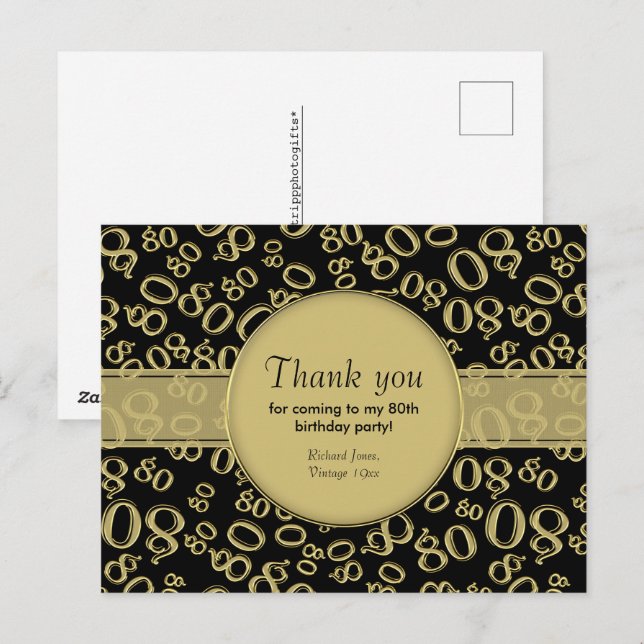 Thank You: 80th Black/Gold Birthday Number Pattern Postcard (Front/Back)