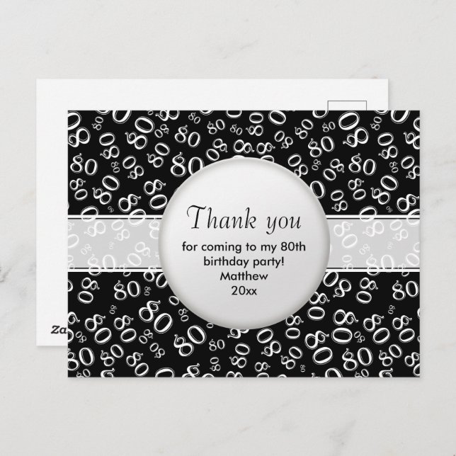 Thank You 80th Black/White Birthday Number Pattern Postcard (Front/Back)