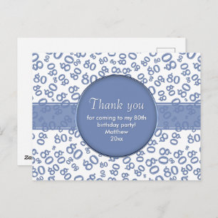 Thank You: 80th Blue/White Birthday Number Pattern Postcard