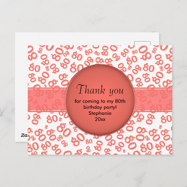 Thank You: 80th Coral/White Number Pattern Postcard (Front/Back)