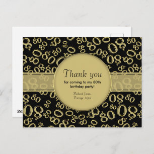 Thank You: 80th Gold/Black Birthday Number Pattern Postcard