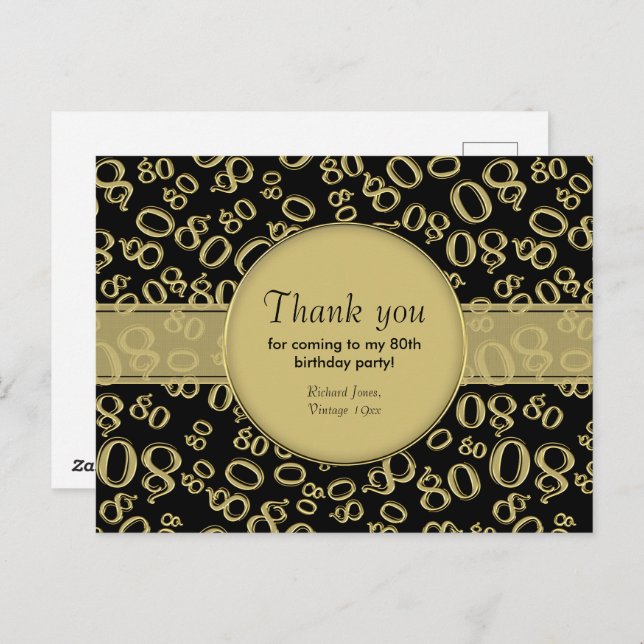 Thank You: 80th Gold/Black Birthday Number Pattern Postcard (Front/Back)