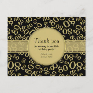 Thank You: 80th Gold/Black Birthday Number Pattern Postcard