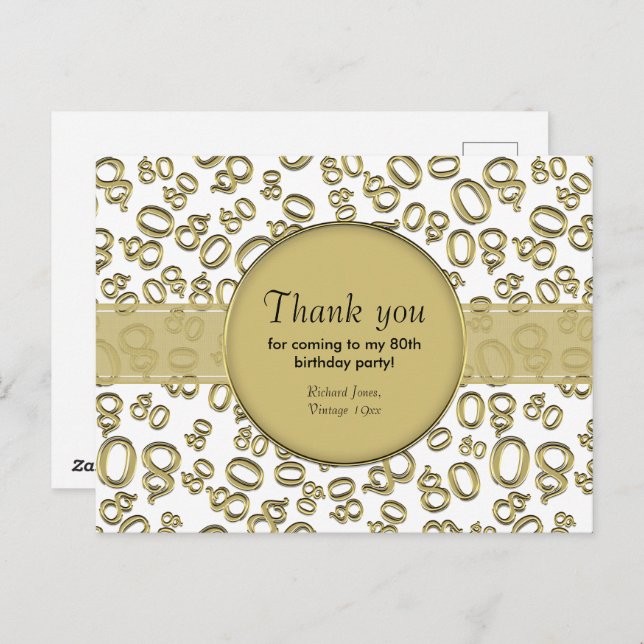 Thank You: 80th Gold/White Birthday Number Pattern Postcard (Front/Back)