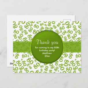 Thank You 80th Green/White Birthday Number Pattern Postcard