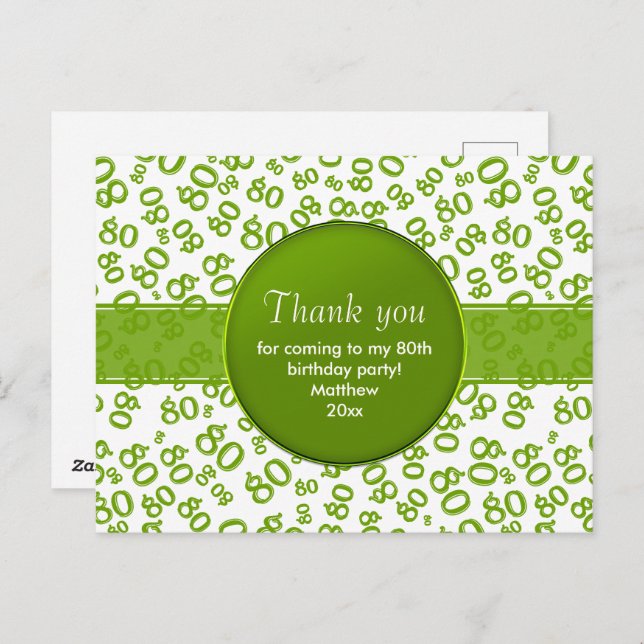 Thank You 80th Green/White Birthday Number Pattern Postcard (Front/Back)