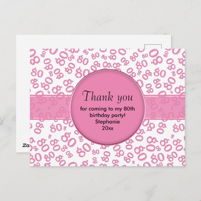 Thank You: 80th Pink/White Birthday Number Pattern Postcard (Front/Back)