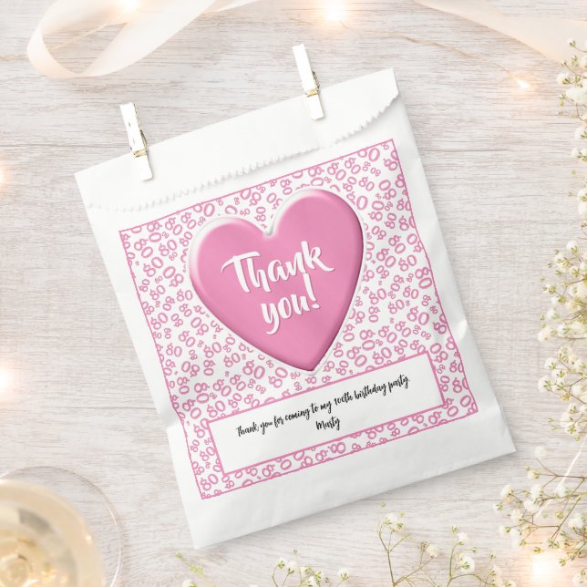 Thank You 80th Random Number Pattern Pink/White Favour Bags (Clipped)
