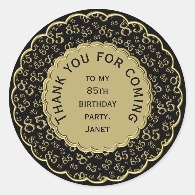 Thank You 85th Birthday Black and Gold Pattern Classic Round Sticker (Front)