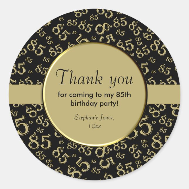 Thank You: 85th Birthday Gold and Black Pattern Classic Round Sticker (Front)