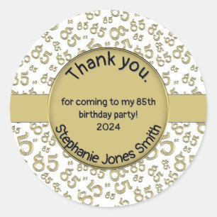 Thank You: 85th Birthday Gold/White Number Pattern Classic Round Sticker