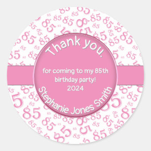 Thank You: 85th Birthday Pink/White Number Pattern Classic Round Sticker