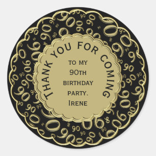 Thank You 90th Birthday Black/Gold Number Pattern Classic Round Sticker