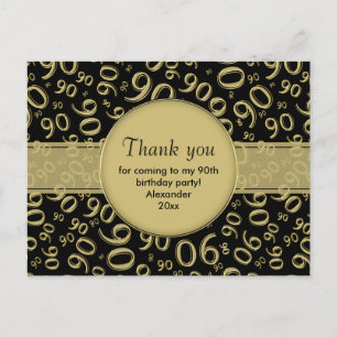 Thank You 90th Gold/Black Birthday Number Pattern Postcard