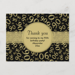 Thank You 90th Gold/Black Birthday Number Pattern Postcard