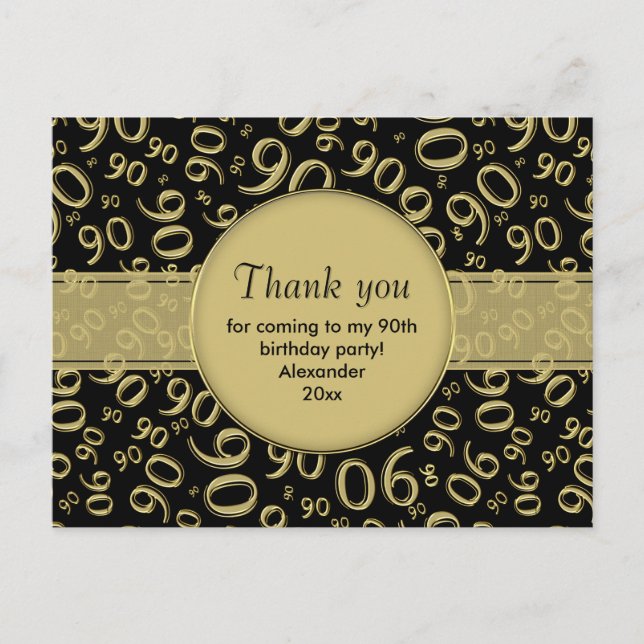 Thank You 90th Gold/Black Birthday Number Pattern Postcard (Front)
