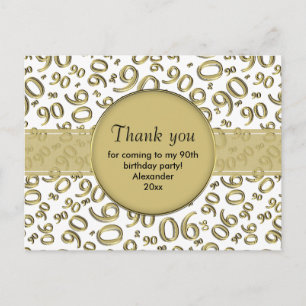 Thank You 90th Gold/White Birthday Number Pattern Postcard