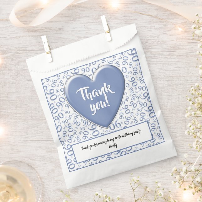 Thank You 90th Random Number Pattern Blue/White Favour Bags (Clipped)