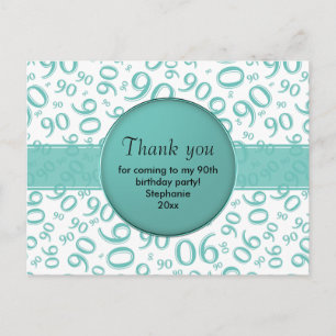 Thank You 90th Teal/White Birthday Number Pattern Postcard