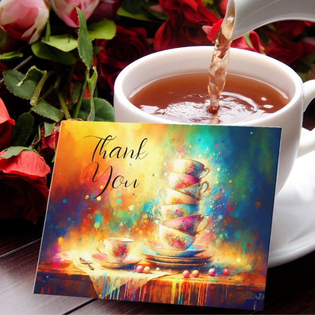 Thank You Abstract Stacked Vintage Tea Cups Card (Express gratitude with vintage charm, perfect for tea enthusiasts.)
