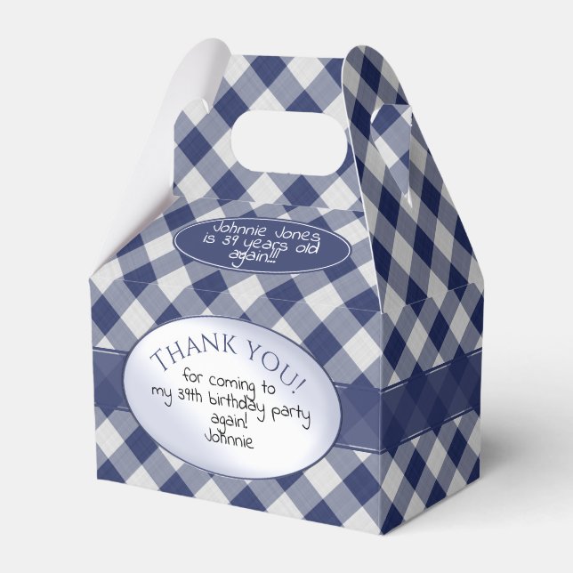 "Thank You Again" Navy Blue Gingham Checks Pattern Favour Box (Front Side)