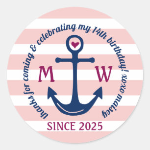 Thank You Anchor Heart Pink Stripes Nautical Logo Classic Round Sticker