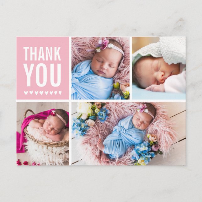 Thank You and Birth Announcement Photo Collage Postcard (Front)