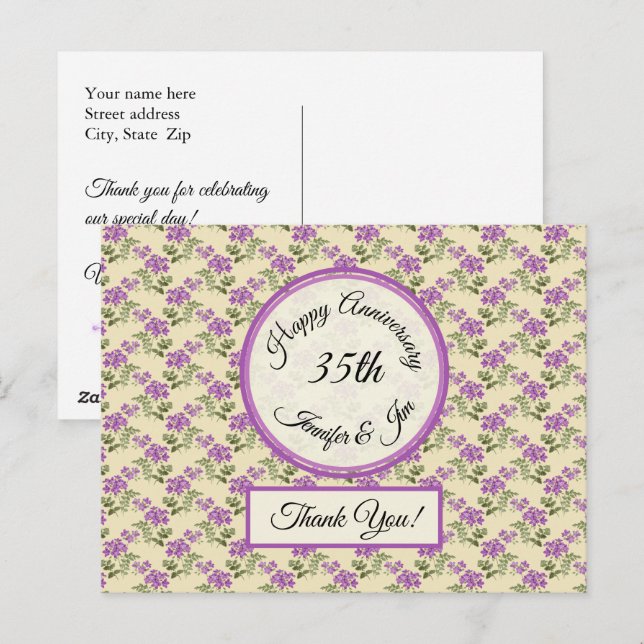 Thank You - Anniversary Violets on Pale Yellow Postcard (Front/Back)