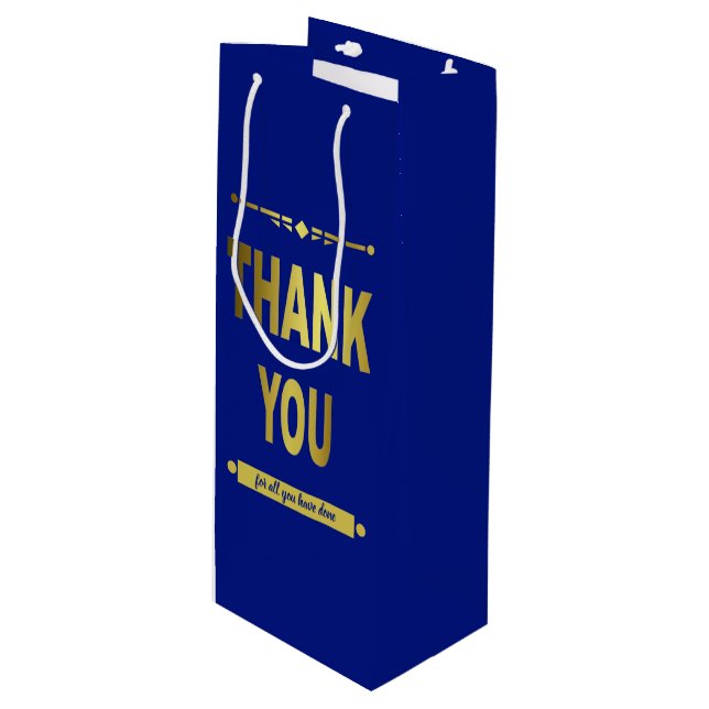 Thank You Appreciation Blue Gold Typography  Wine Gift Bag (Front Angled)