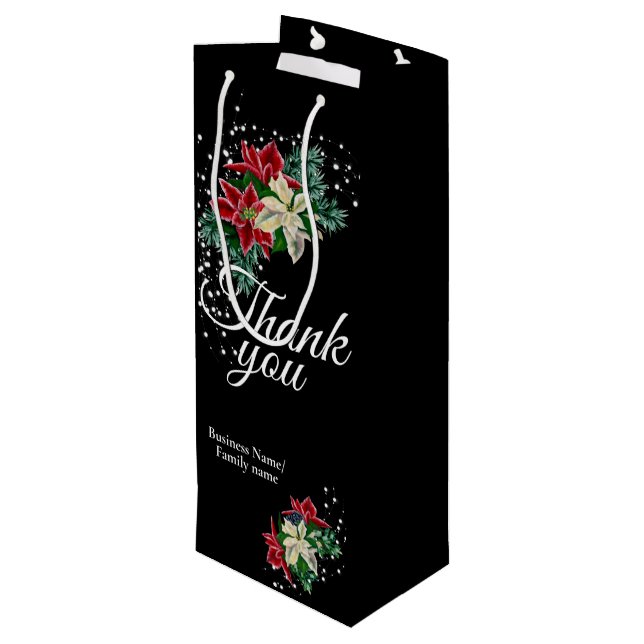Thank You Appreciation Poinsettia Floral Black Wine Gift Bag (Back Angled)