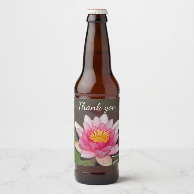 Thank You Appreciation Water Lily Floral Photo Beer Bottle Label (Front)