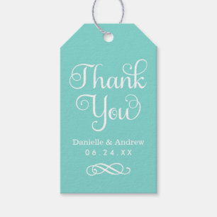 Thank You Aqua Blue Calligraphy Monogram Favour Gift Tags