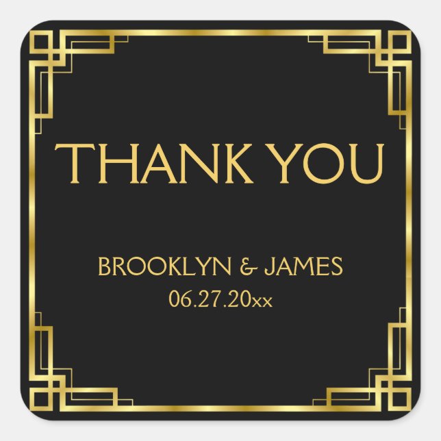 Thank You Art Deco Black And Gold Wedding Stickers (Front)